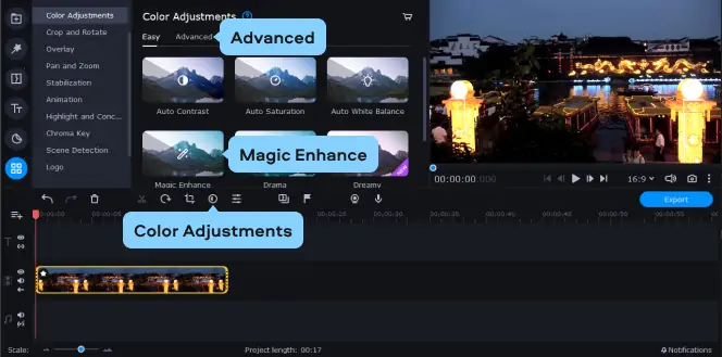 Раздел Color Adjustments и вкладка Advanced в Movavi Video Editor
