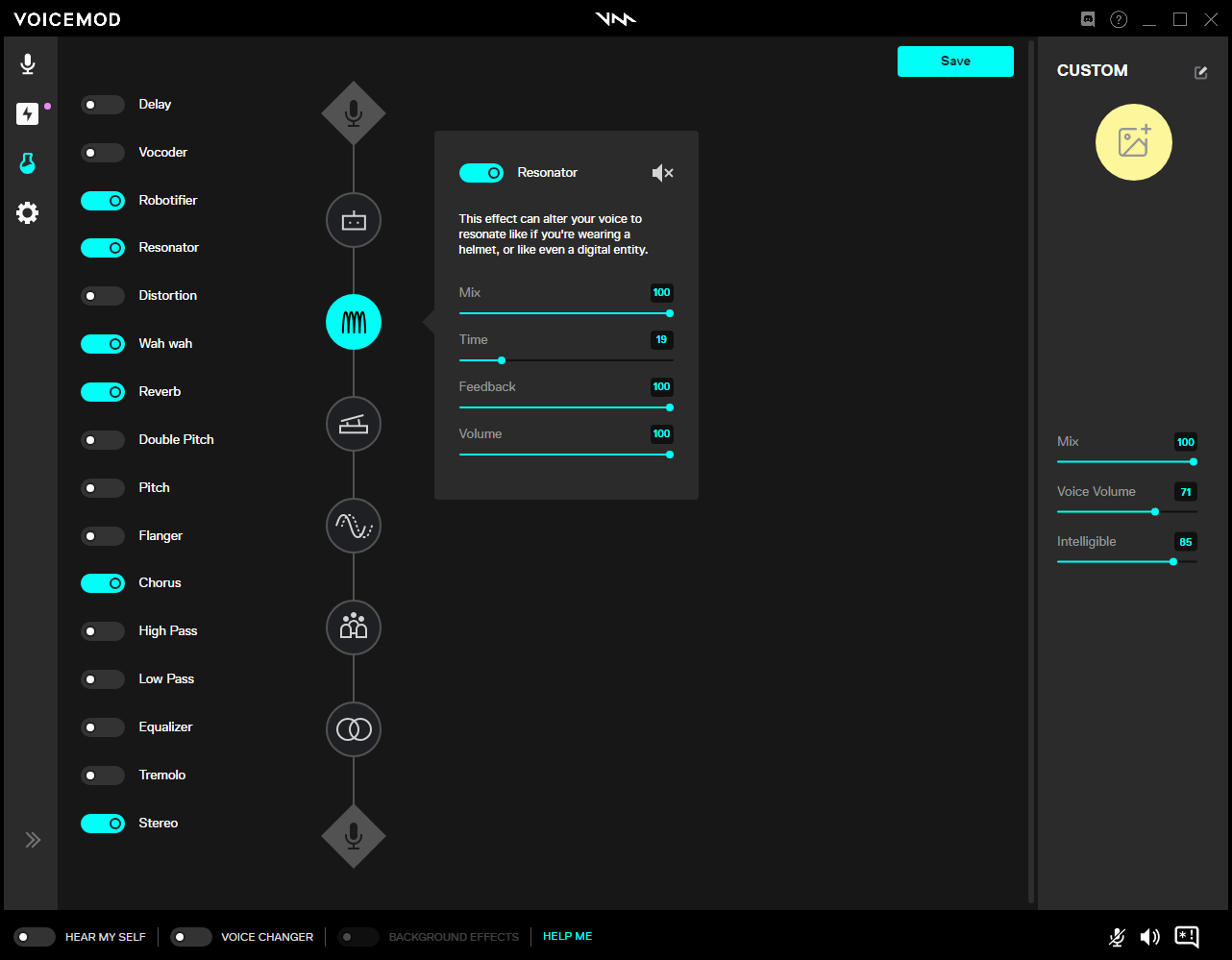 Voicemod: интерфейс Voicelab с цепочкой голосовых эффектов