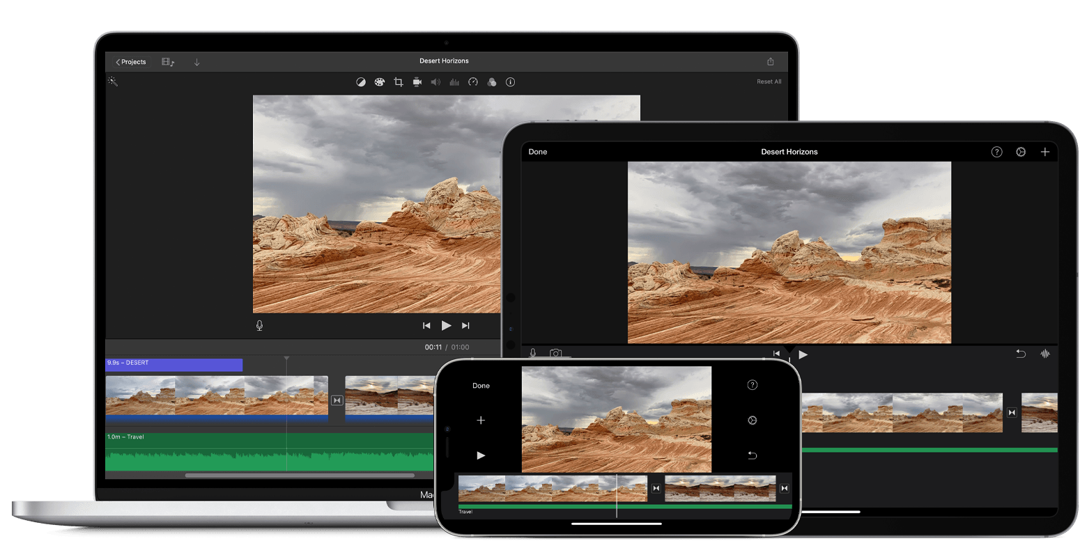 Интерфейс iMovie с браузером, просмотром и таймлайном