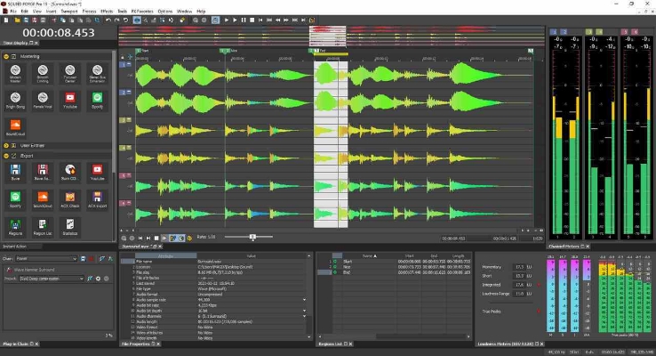Интерфейс Sound Forge с волновой формой и инструментами обработки звука