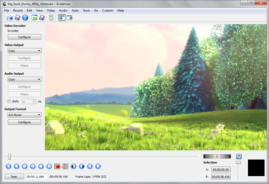 Avidemux: главное окно, Video Output, Audio Output, Output Format и маркеры A и B