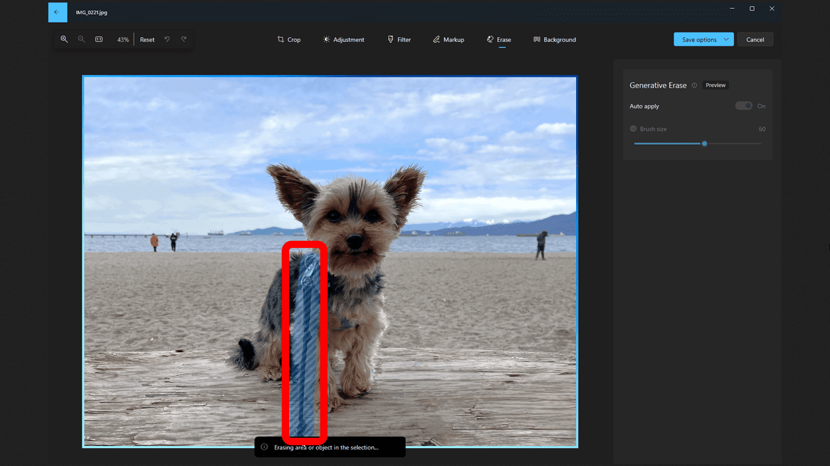 Windows Photos: Generative Erase удаляет выделенный объект