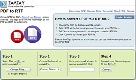 Zamzar: прежний интерфейс отдельного конвертера PDF to RTF