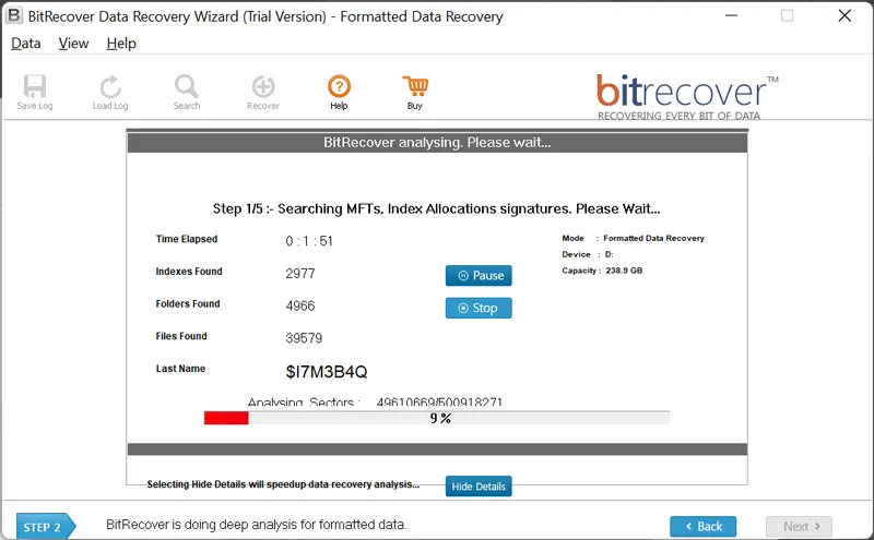 Процесс анализа секторов в BitRecover Data Recovery Wizard