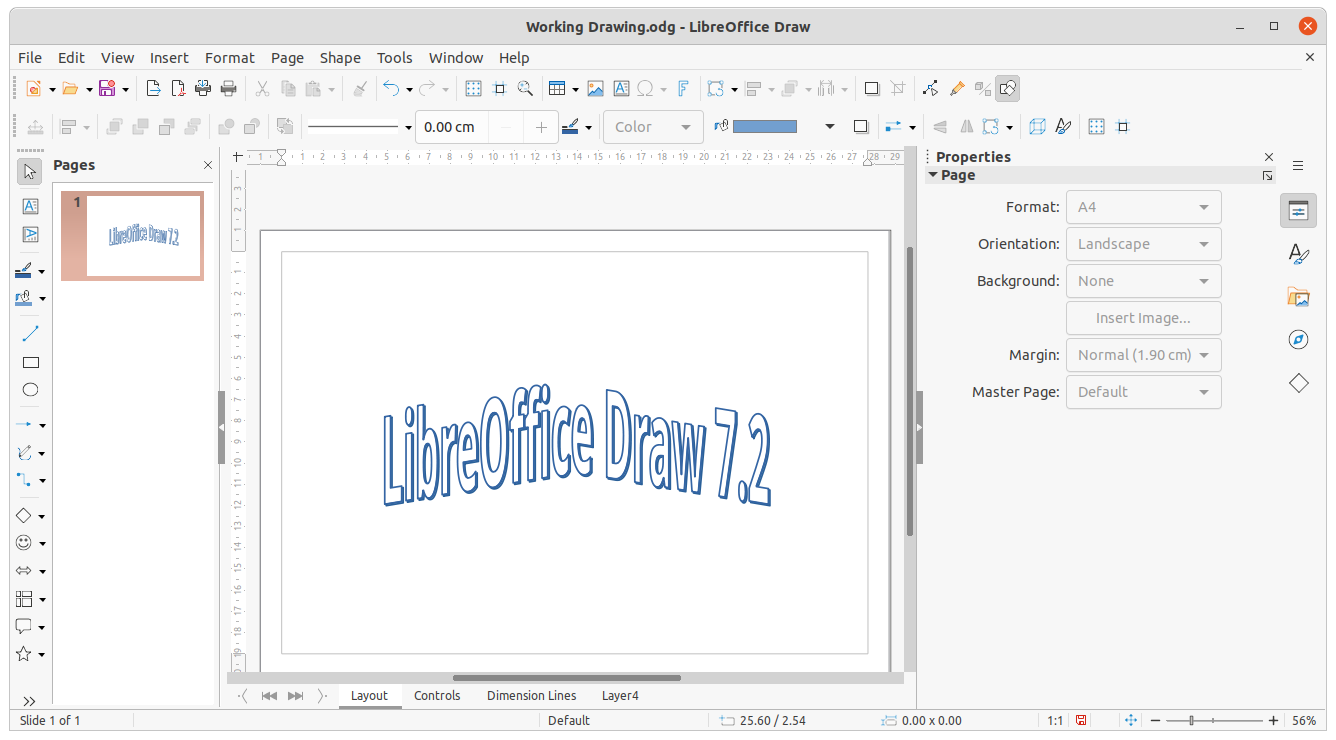Интерфейс LibreOffice Draw с рабочей страницей и панелью свойств