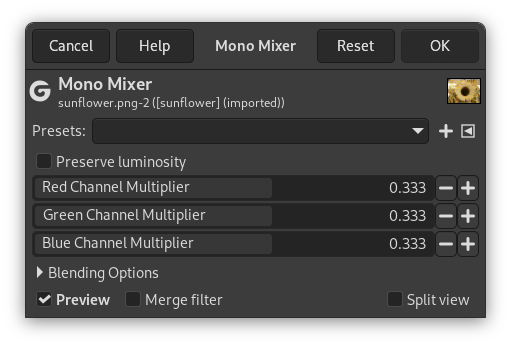 Актуальное окно Mono Mixer в GIMP с множителями каналов