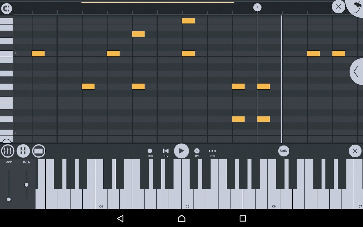 Piano Roll в FL Studio Mobile с MIDI-нотами и экранной клавиатурой