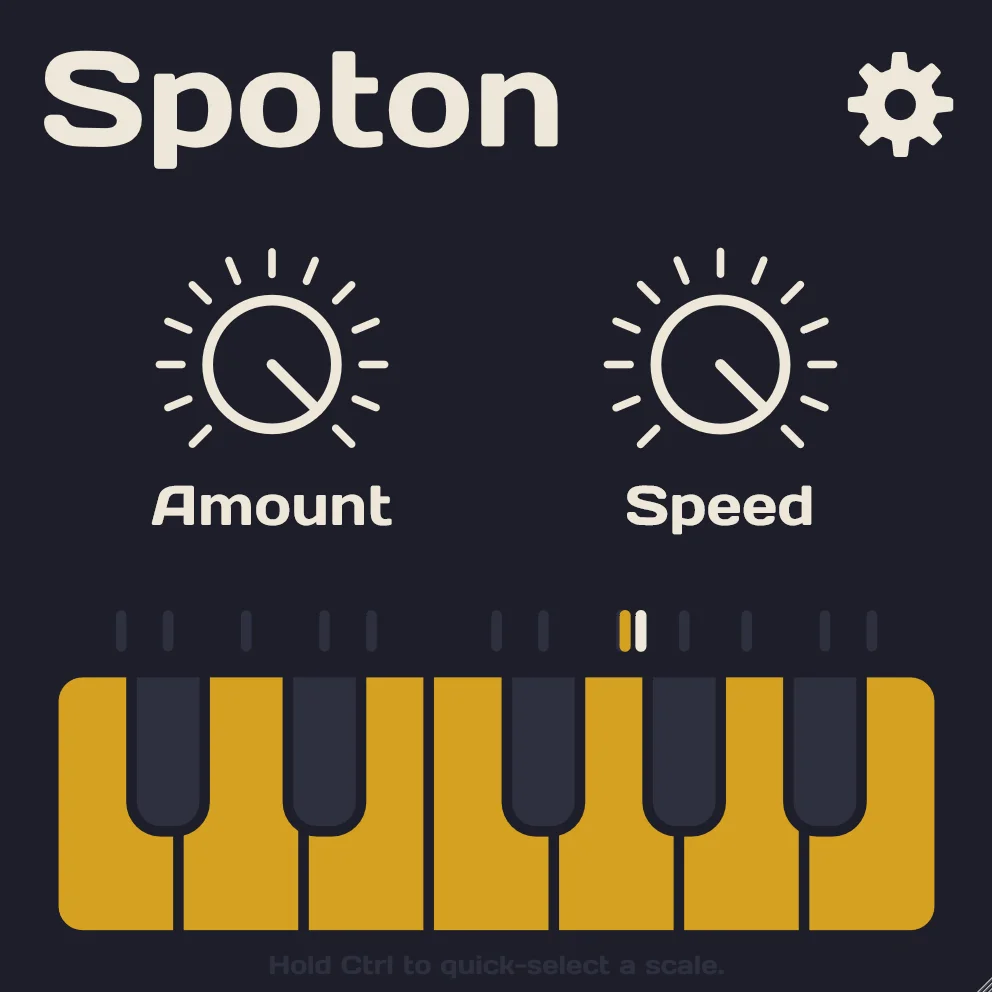 Интерфейс Spoton с Amount, Speed и клавиатурой разрешённых нот