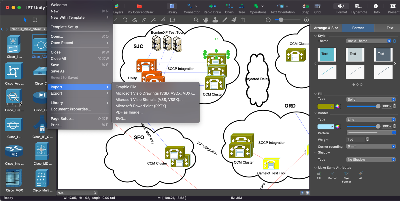 Меню Import в ConceptDraw DIAGRAM на macOS с импортом VSD, VSDX, VDX, VSS, VSSX, PPTX, PDF и SVG