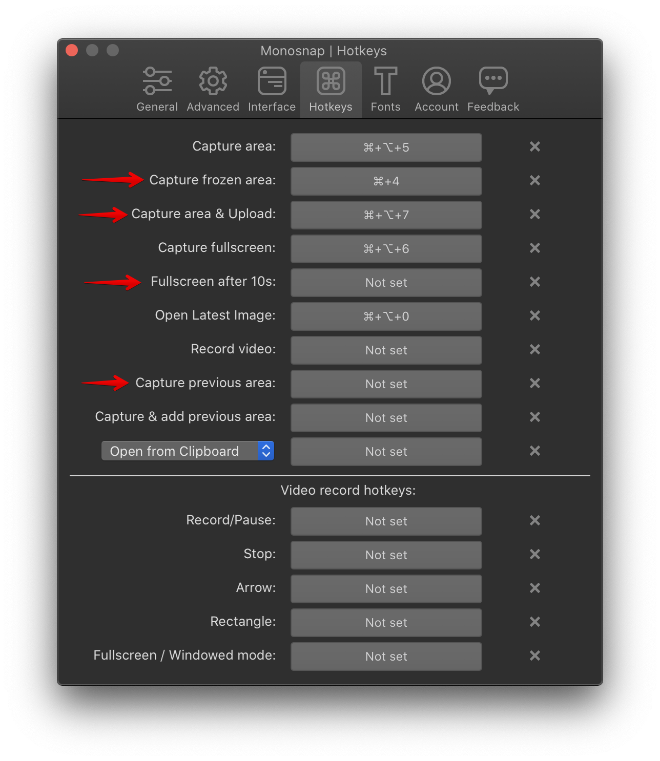 Настройки Hotkeys в Monosnap с командами Capture frozen area, Capture area & Upload и Capture previous area