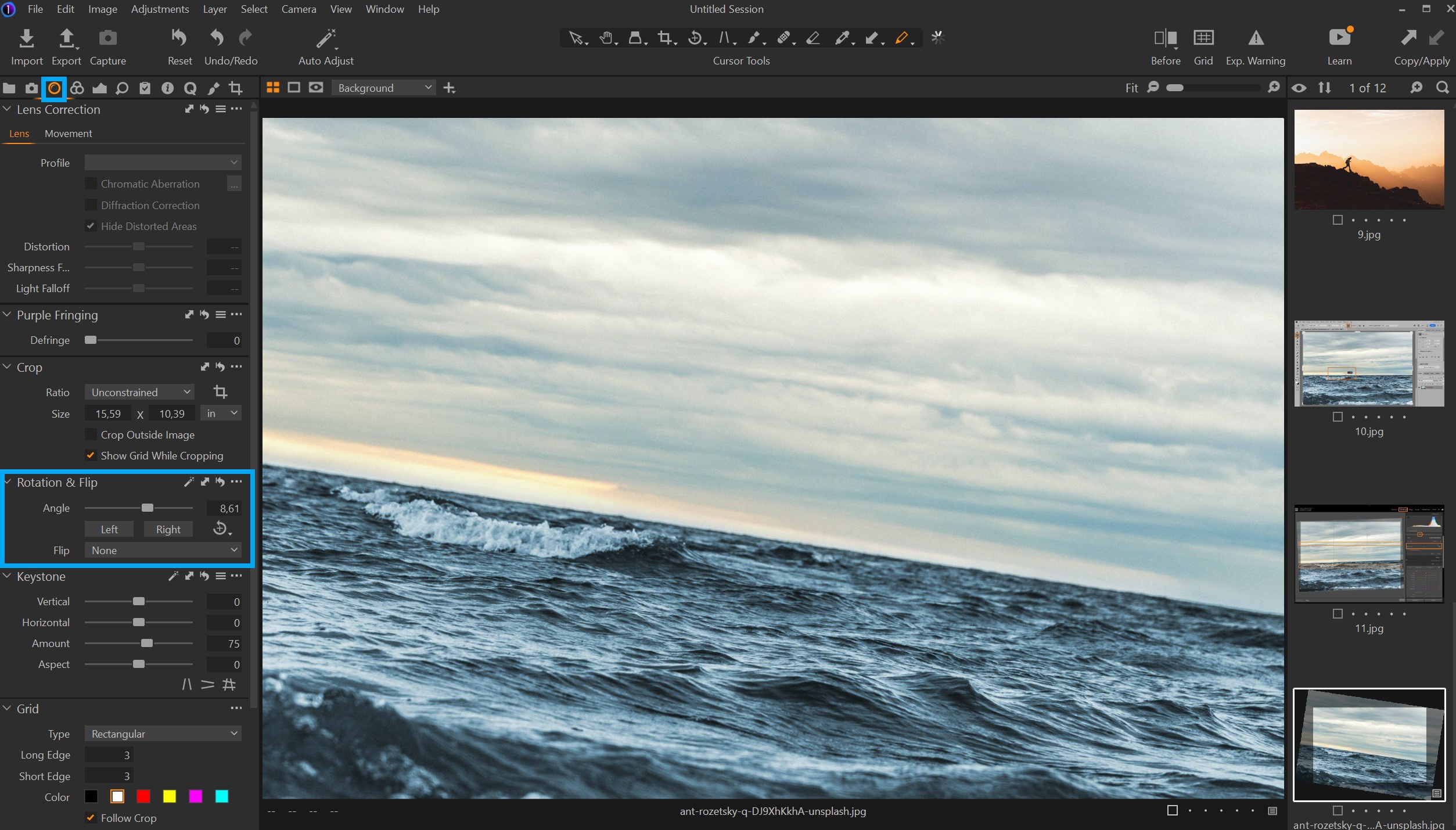 Панель Rotation and Flip и выравнивание в Capture One Pro