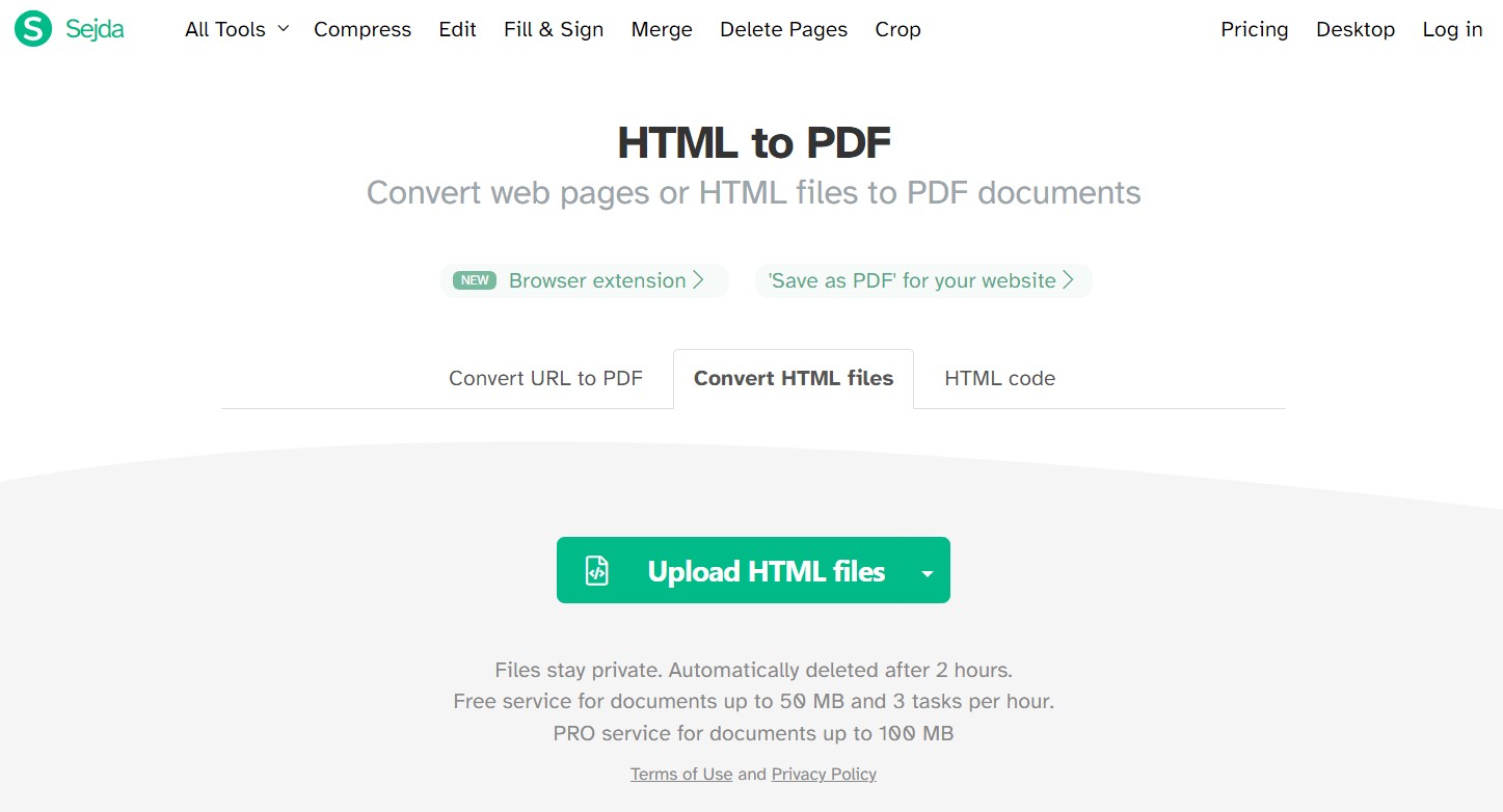 Интерфейс Sejda HTML to PDF с загрузкой HTML-файла