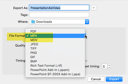 Выбор MP4 или MOV при экспорте PowerPoint для Mac