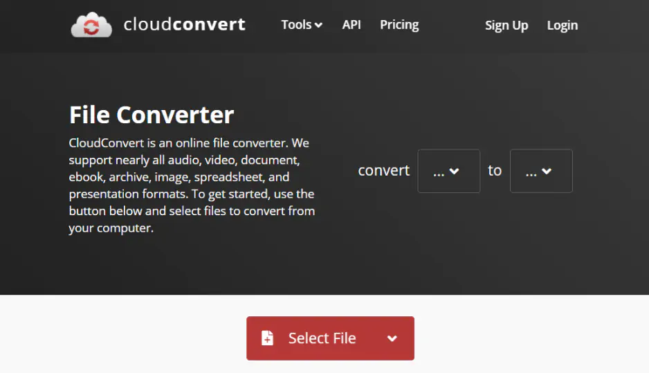Интерфейс CloudConvert для выбора RAW-файла и формата результата