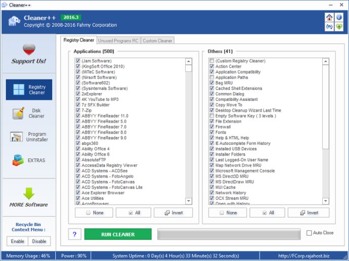 Главное окно FCorp Cleaner++ с разделом Registry Cleaner