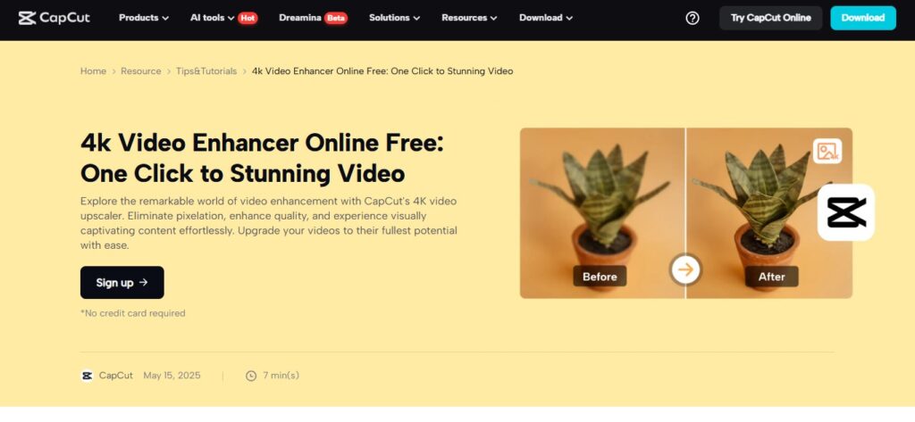 Интерфейс CapCut с инструментом улучшения видео