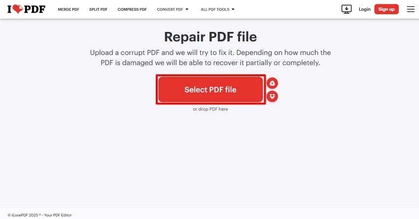 Интерфейс iLovePDF Repair PDF с кнопкой Select PDF file
