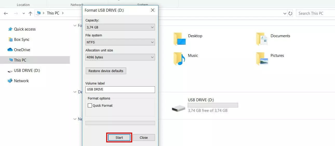 Окно форматирования USB-накопителя в Windows