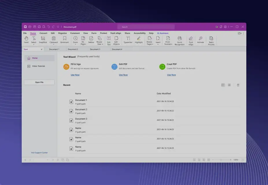 Стартовое окно Foxit PDF Editor с лентой инструментов, Tool Wizard и командами Fill & Sign, Edit PDF и Create PDF