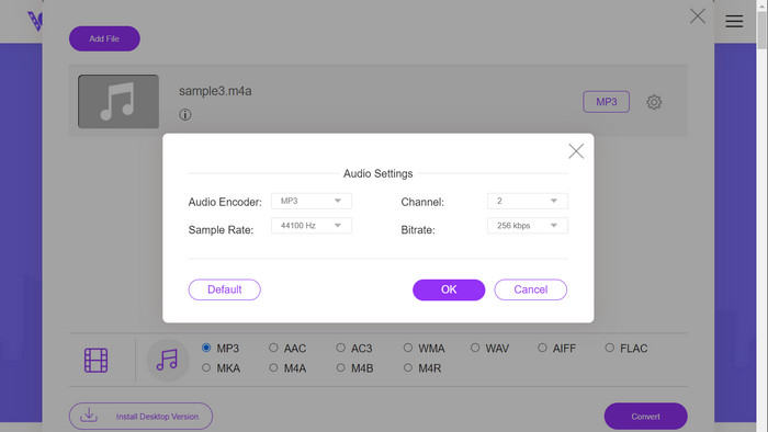 FVC Free Video Converter Online: настройки MP3 для M4A-файла