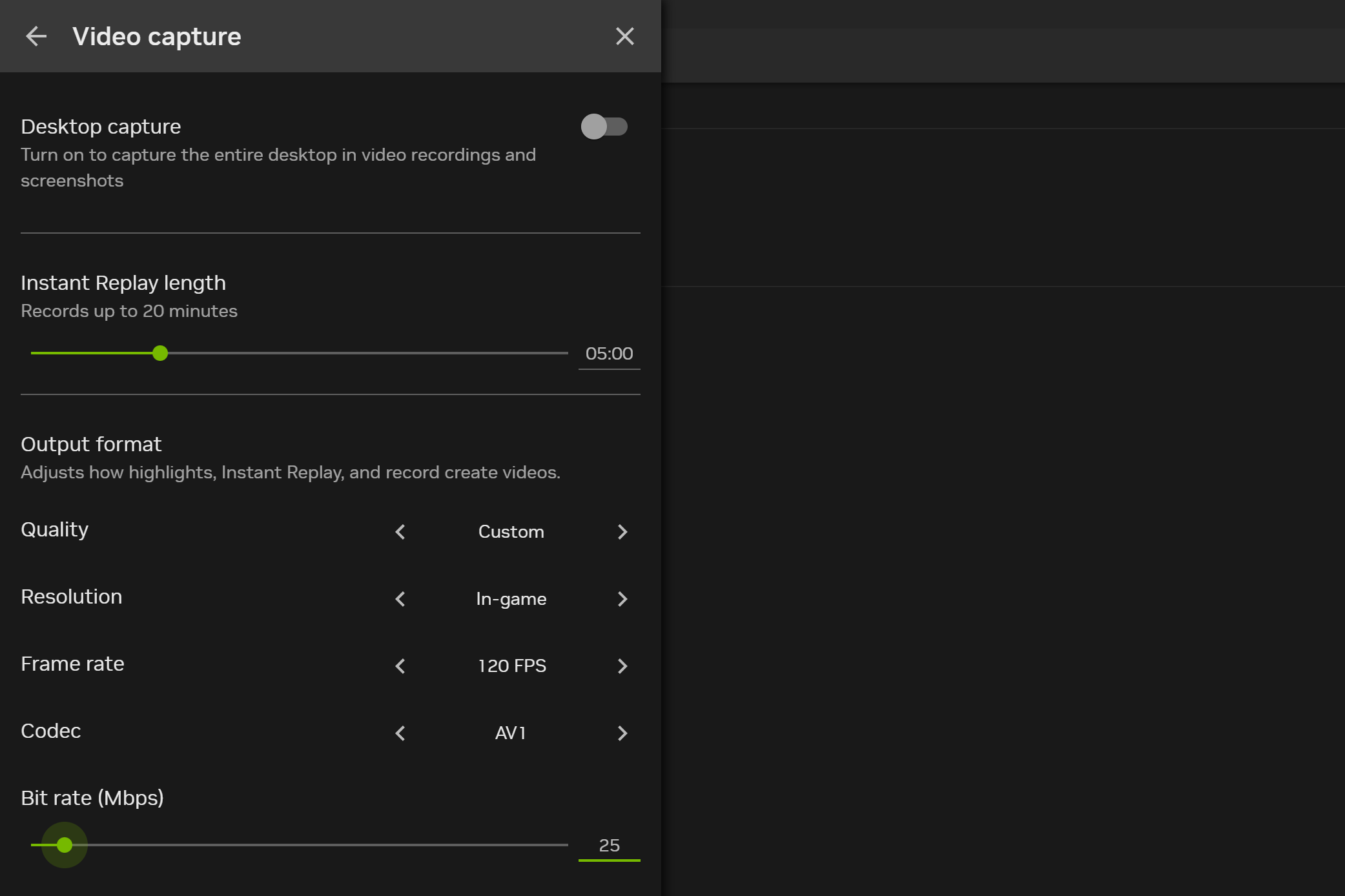 Выбор AV1, разрешения, частоты кадров и битрейта в NVIDIA App
