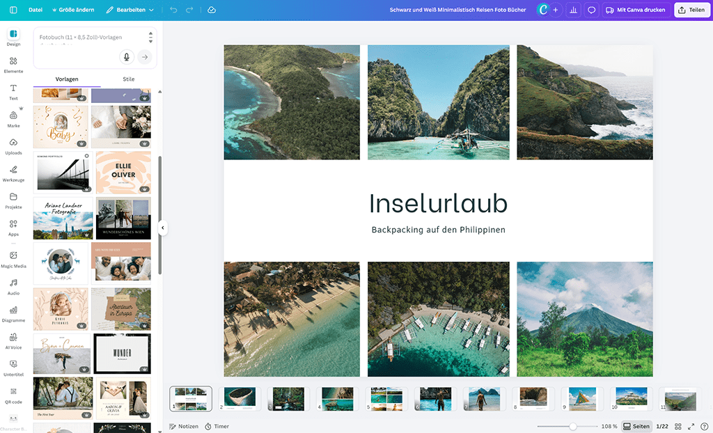 Canva: интерфейс создания фотокниги из шаблона