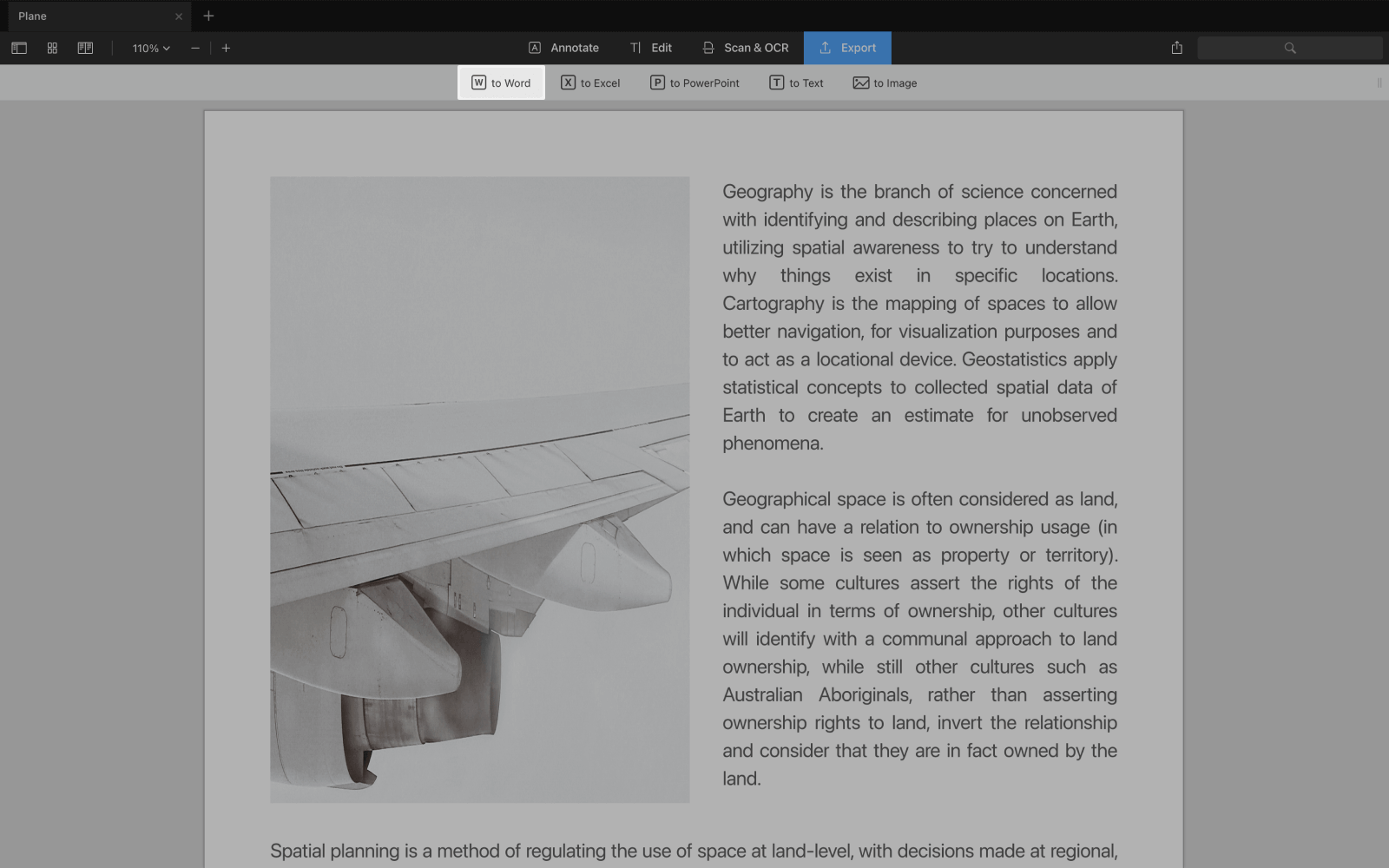 Вкладка Export в PDF Expert на Mac с командами to Word, to Excel, to PowerPoint, to Text и to Image