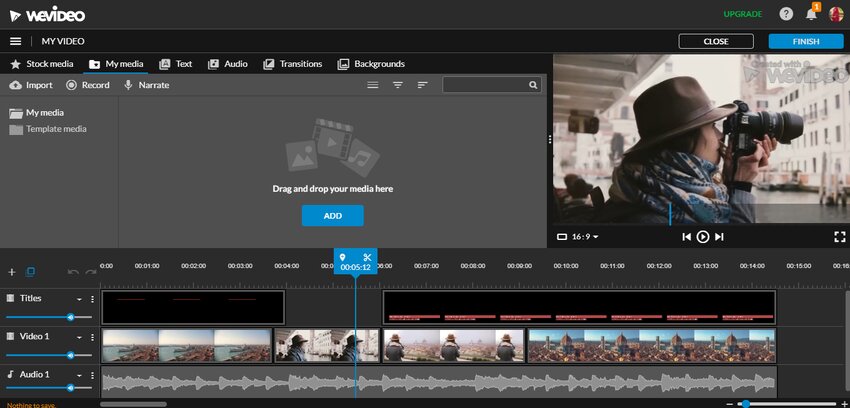 Интерфейс WeVideo с предпросмотром и облачным монтажным таймлайном