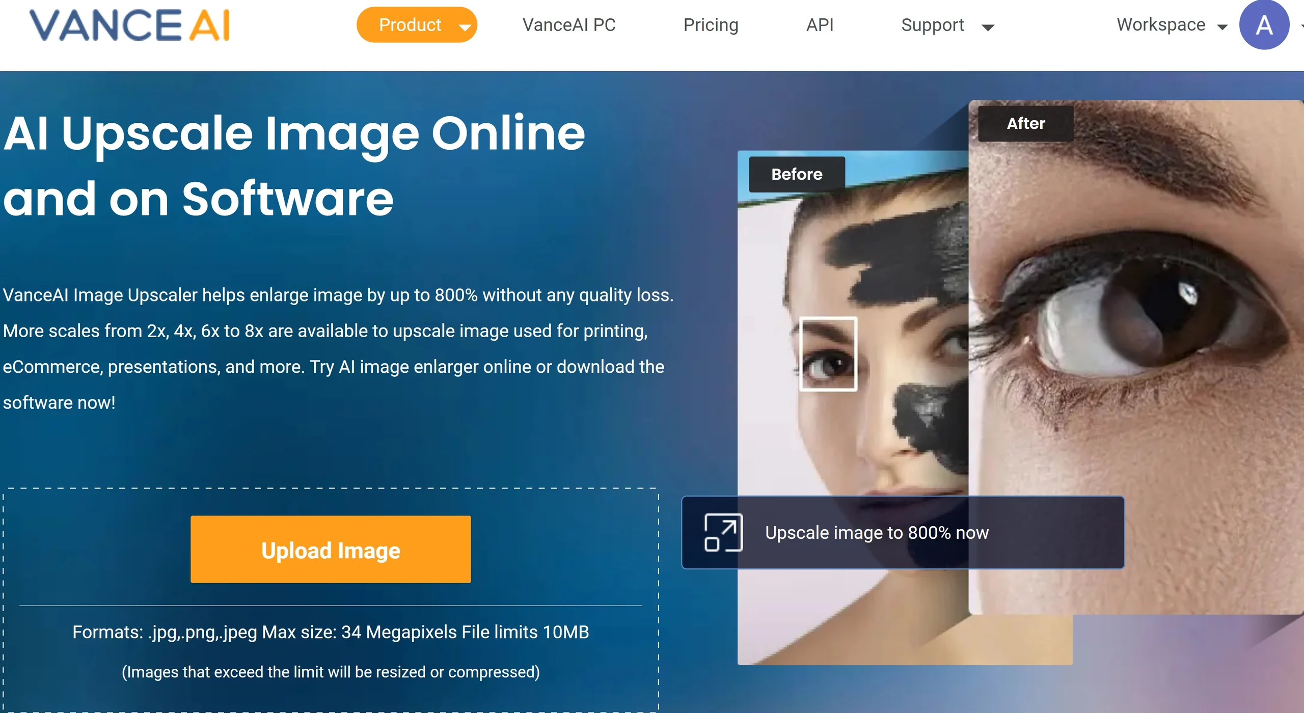 Главный экран VanceAI Image Upscaler с кнопкой Upload Image и примером увеличения