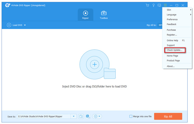 Пункт Check Update в меню AVAide DVD Ripper