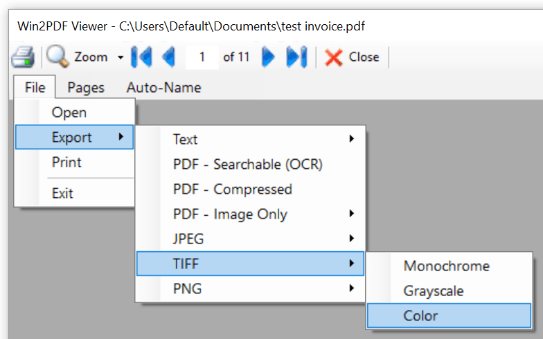 Окно Win2PDF Pro при работе с TIFF