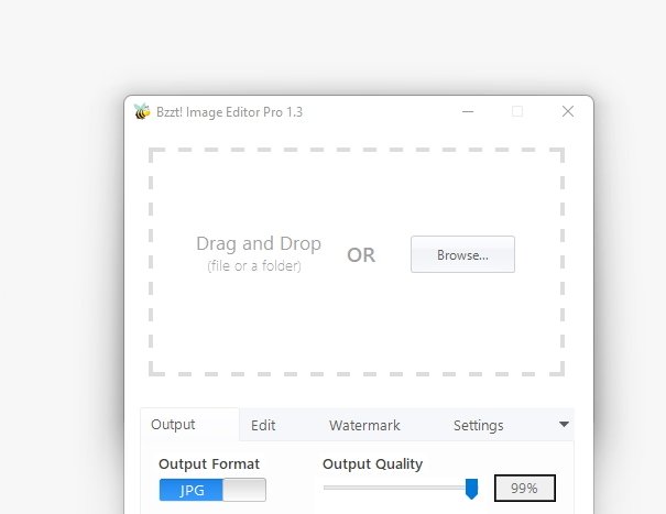 Главное окно Bzzt! Image Editor Pro с областью Drag and Drop, кнопкой Browse и вкладками Output, Edit, Watermark, Settings