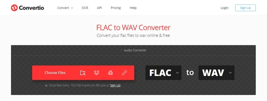 Интерфейс Convertio с прямым выбором FLAC → WAV