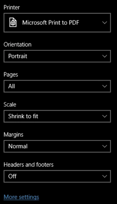 Печать PDF из Microsoft Edge с выбором формата бумаги