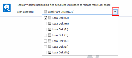 Выбор дисков для сканирования в Big Files Manager Wise Care 365