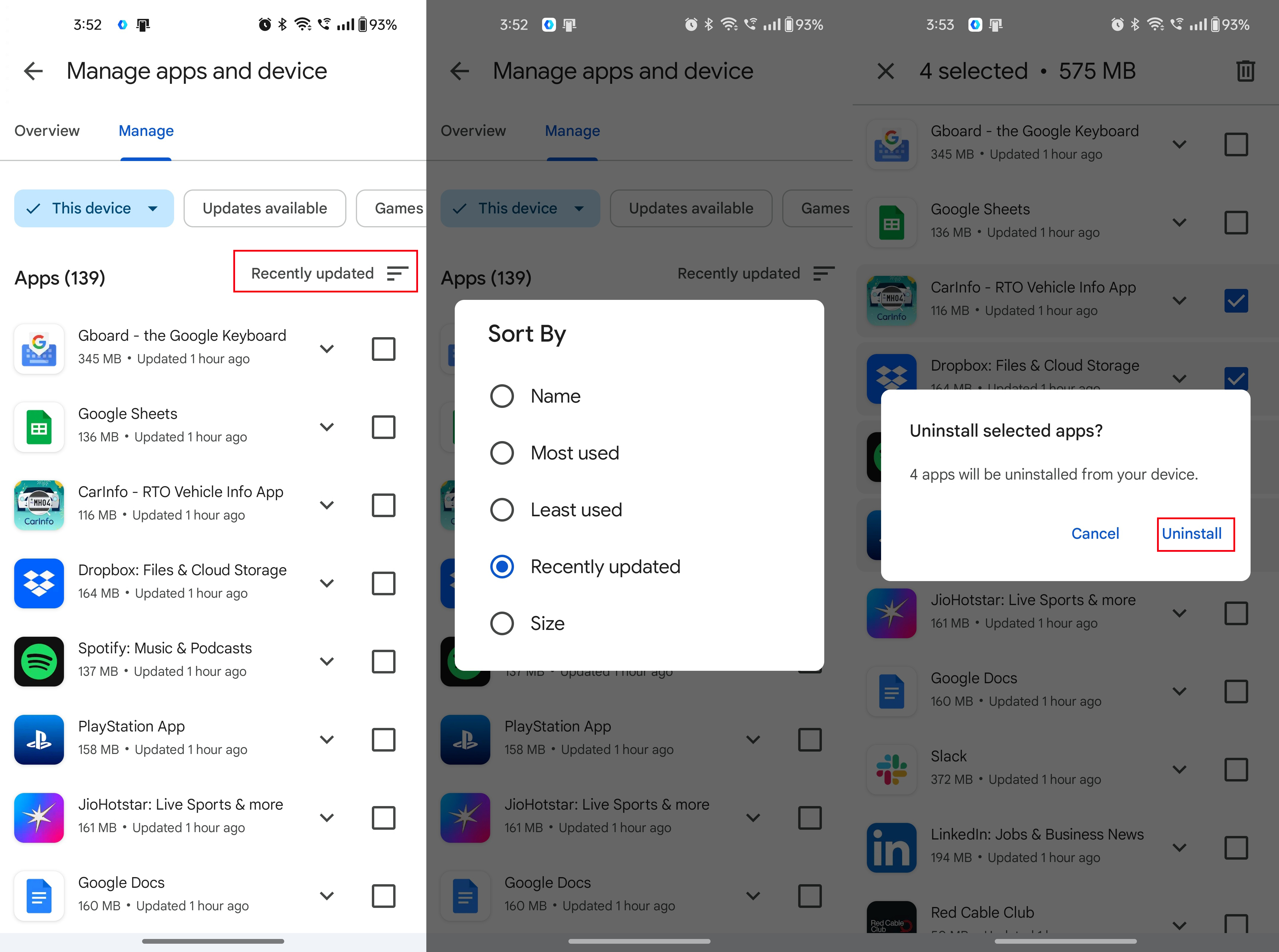 Раздел Manage apps and device и подтверждение Uninstall в Google Play