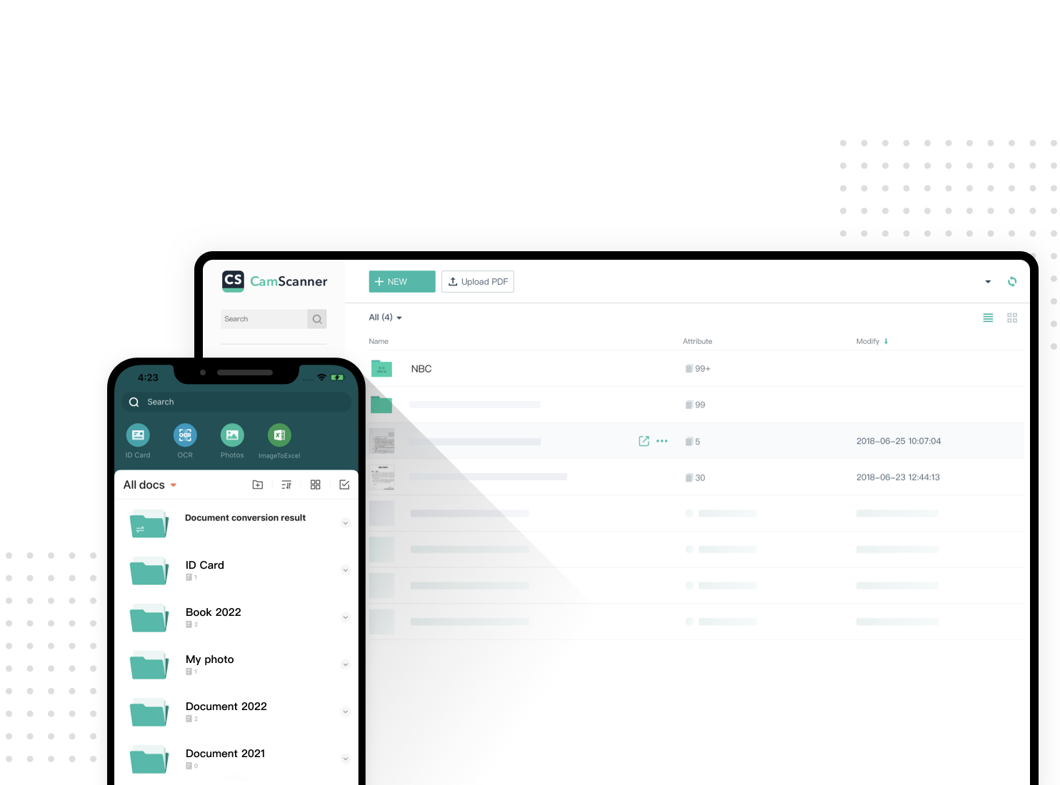 Интерфейс CamScanner со списком документов на телефоне и компьютере