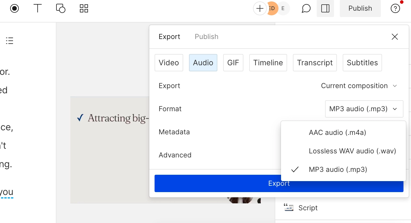 Descript: Audio export с вариантами AAC audio (.m4a), WAV и MP3
