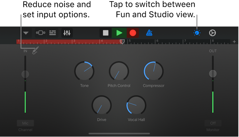 Studio view Audio Recorder в GarageBand для iPhone