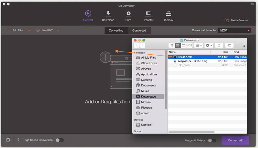 Wondershare UniConverter на macOS: импорт файла MTS в Converter