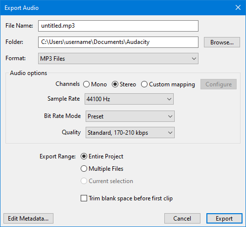 Окно Export Audio в Audacity с форматом MP3, режимом битрейта и качеством