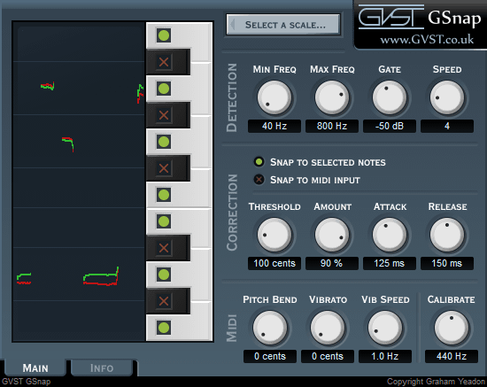 Интерфейс GVST GSnap с настройками Detection, Correction и MIDI