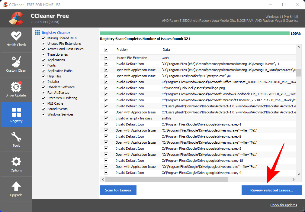 Результаты сканирования и Review selected Issues в CCleaner