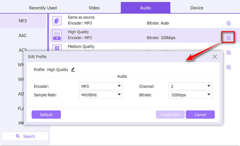 Edit Profile ArkThinker с Encoder, Sample Rate, Channel и Bitrate