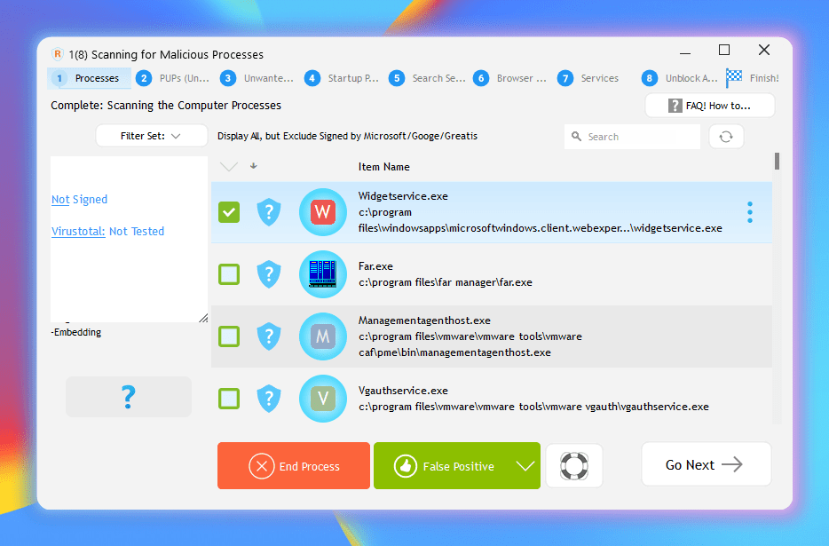 Интерфейс RegRun Reanimator при проверке процессов