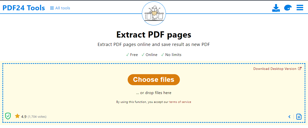 Интерфейс PDF24 Tools Extract PDF pages с кнопкой Choose files