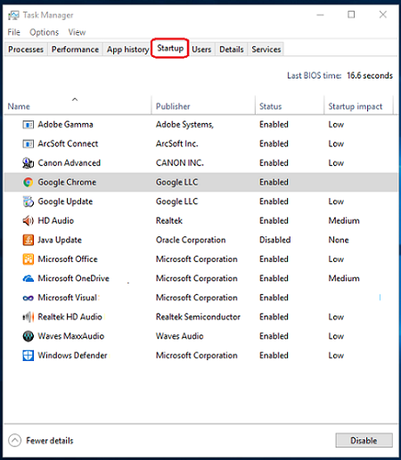 Вкладка автозагрузки Диспетчера задач Windows 10