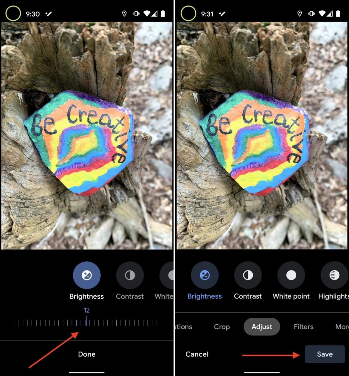 Регулятор Brightness и сохранение фотографии в Google Photos