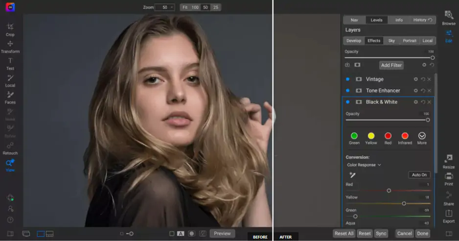 Интерфейс ON1 Photo RAW с фотографией и панелями обработки