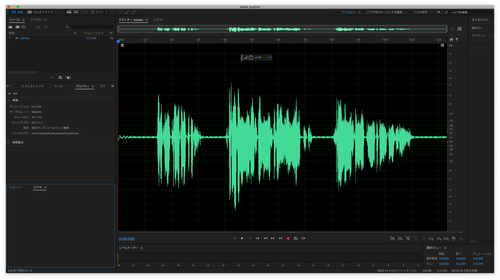 Рабочее окно Adobe Audition в режиме Waveform с формой волны аудиофайла